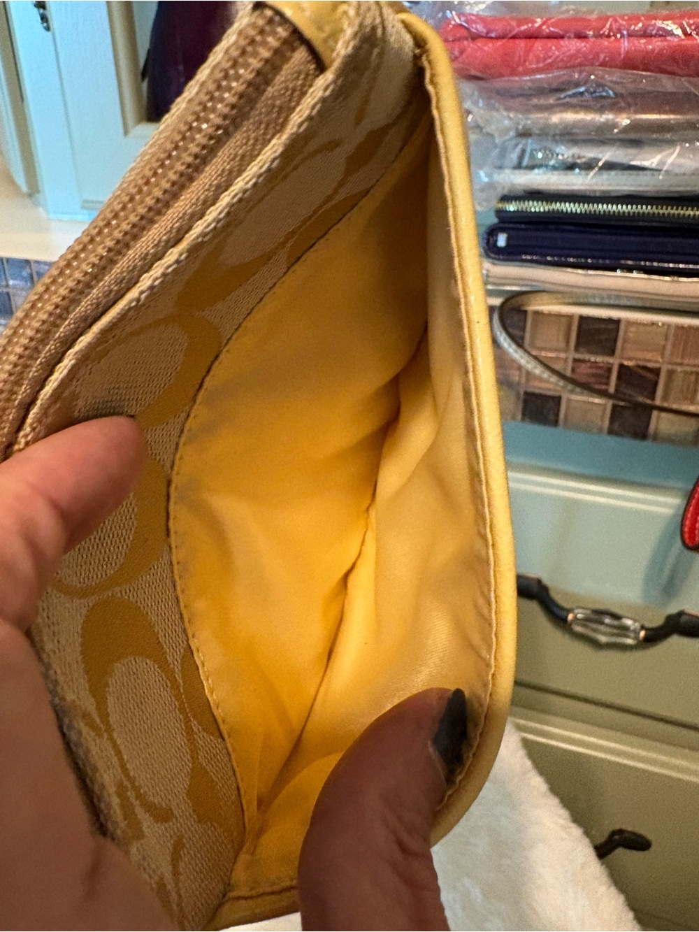 Coach Beige Signature Canvas Wristlet with Yellow Trim and Strap - Picture 4 of 5